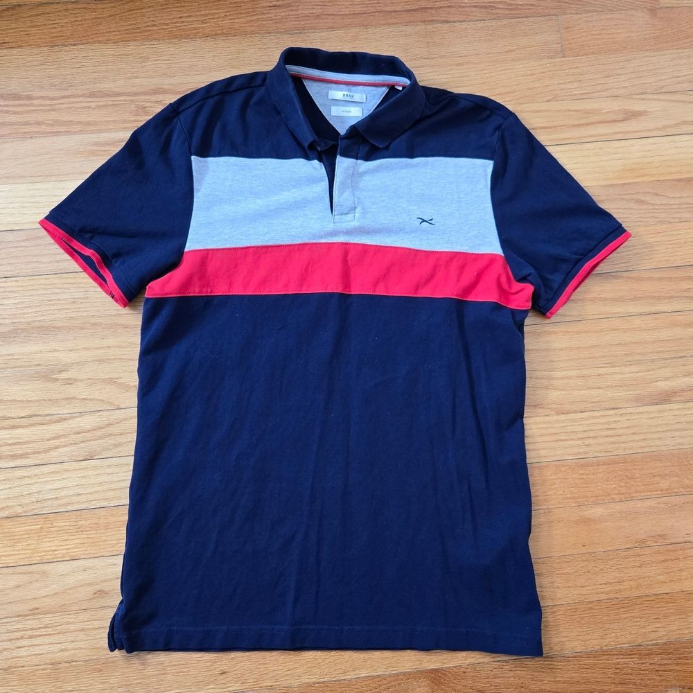 Brax Hi-Flex Mens Polo Shirt Size Medium Grey Navy Blue Red Striped Knit